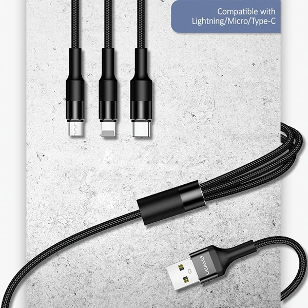 USAMS Braided U5 3-in-1 Kabelis 1.5m 2A juodos spalvos (Lightning/microUSB/USB-C) SJ2193IN101 (US-SJ219)