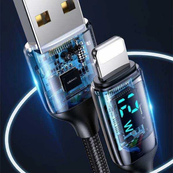 USAMS Braided Kabelis U78 Lightning 1.2m LED 2.4A Fast Charging sidabrinis juodos spalvos SJ543USB02 (US-SJ543)