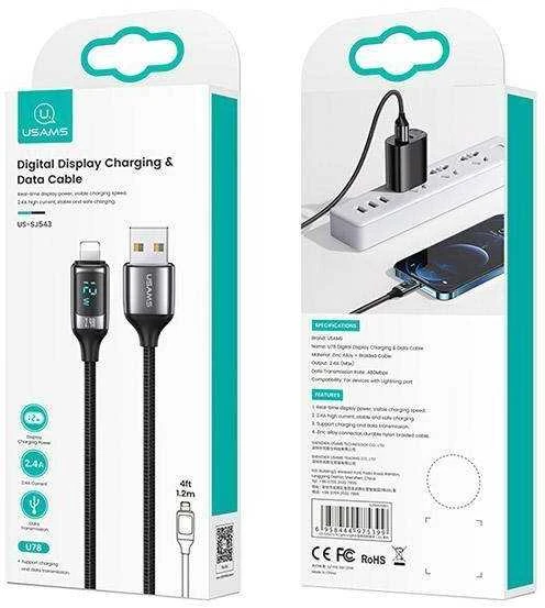 USAMS Braided Kabelis U78 Lightning 1.2m LED 2.4A Fast Charging sidabrinis juodos spalvos SJ543USB02 (US-SJ543)