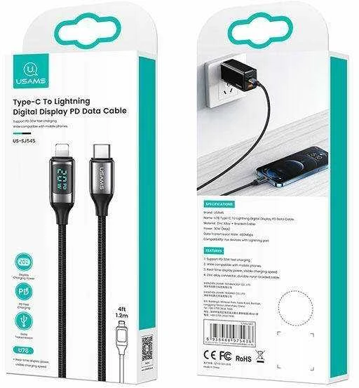 USAMS pintas kabelis U78 USB-C į Lightning LED 1.2m 20W PD Fast Charge baltas SJ545USB02 (US-SJ)