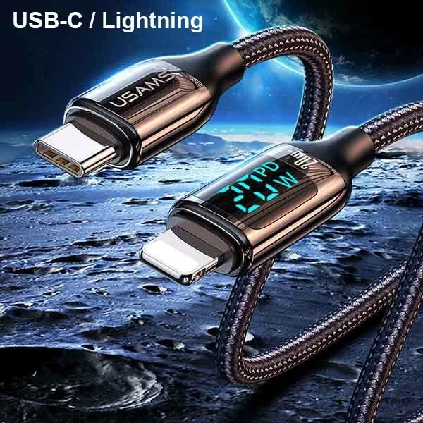 USAMS pintas kabelis U78 USB-C į Lightning LED 1.2m 20W PD Fast Charge baltas SJ545USB02 (US-SJ)