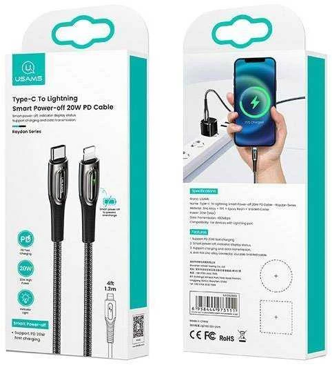 USAMS Braided USB-C į Lightning Smart Power-off 20W PD Kabelis 1.2m dark žalias SJ
