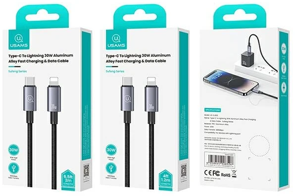 USAMS USB-C į Lightning kabelis 30W 1.2m greito įkrovimo plienas/tamsus SJ662USB01 (US-SJ662)