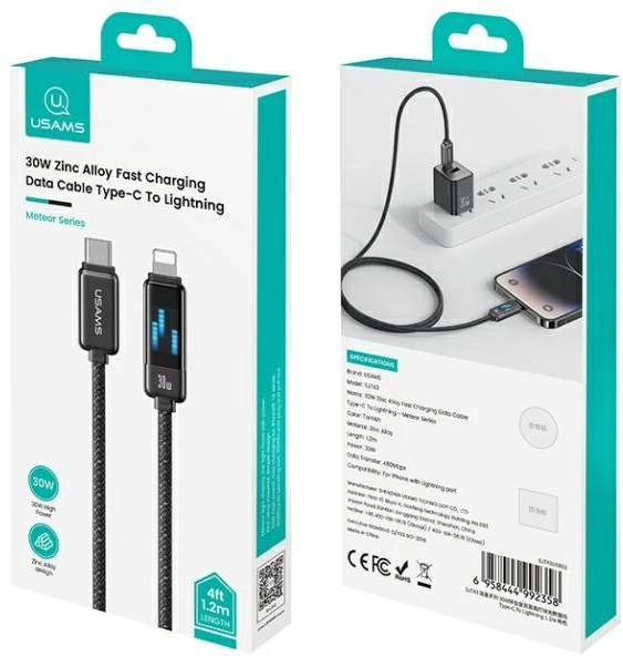 USAMS USB-C į Lightning kabelis 30W 1.2m cinko lydinio greito įkrovimo duomenų kabelis Meteor serijos SJ743USB0