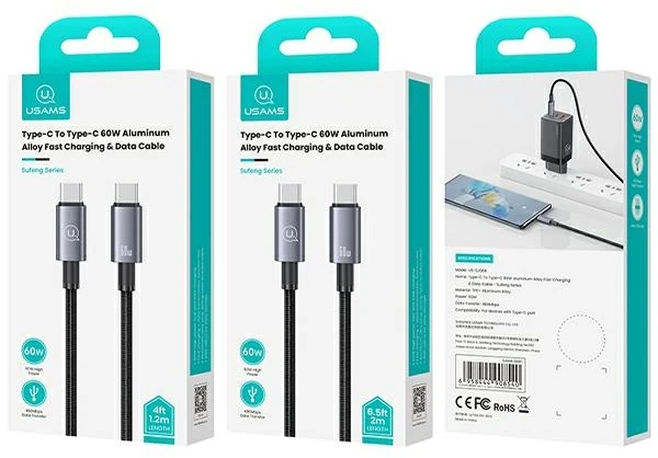 USAMS Kabelis USB-C į USB-C 60W 1.2m greito įkrovimo plienas/tamsus SJ661USB01 (US-SJ661)