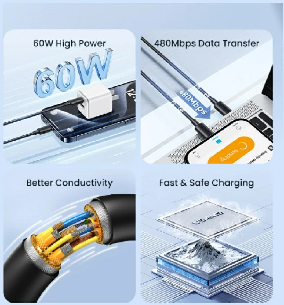 USAMS USB-C į USB-C Kabelis 60W 1mFast Charging YD Series juodos spalvos SJ711USB01(US-SJ711)