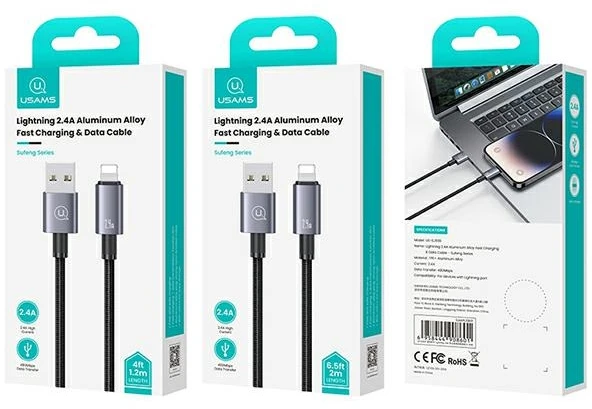 USAMS USB laidas į „Lightning“ 2.4A 1.2m, greito įkrovimo, plienas/juodas SJ667USB01 (US-SJ667)