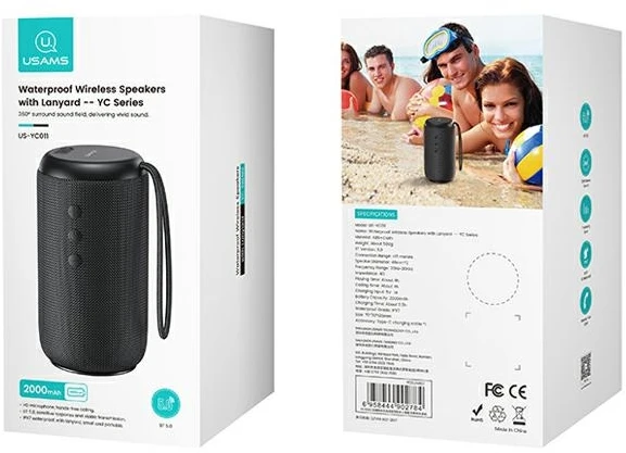 USAMS YC Series Bluetooth 5.0 10W waterproof wireless kolonėlė with lanyard juodos spalvos YC01