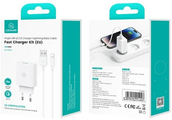 USAMS 18W Laidinis įkroviklis + Lightning/USB-A Fast Charging Cable baltos spalvos Series SC SCXLTZ03