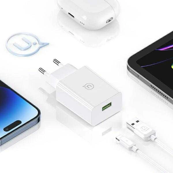 USAMS 18W Laidinis įkroviklis + Lightning/USB-A Fast Charging Cable baltos spalvos Series SC SCXLTZ03