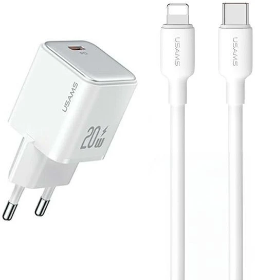 USAMS įkroviklis 1xUSB-C PD20WPD3.0 greito įkrovimo US-CC183 + USB-C/Lightning laidas US-SJ610 baltos spalvos