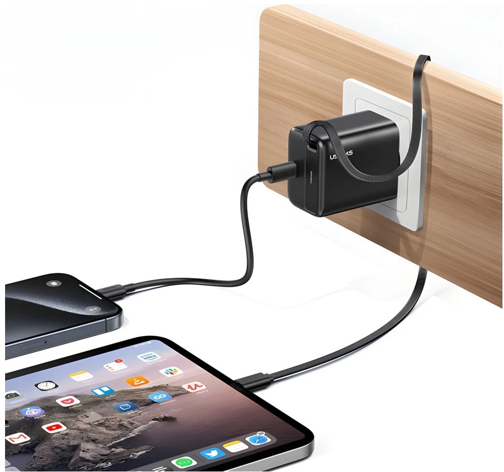 USAMS įkroviklis 1xUSB-C su ištraukiamu USB-C PD+QC 30W Gan greito įkrovimo juodos spalvos