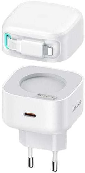 USAMS įkroviklis 1xUSB-C su ištraukiamu laidu „Lightning“ (tik antgalis) PD+QC 35W Gan greitas įkrovimas baltos spalvos