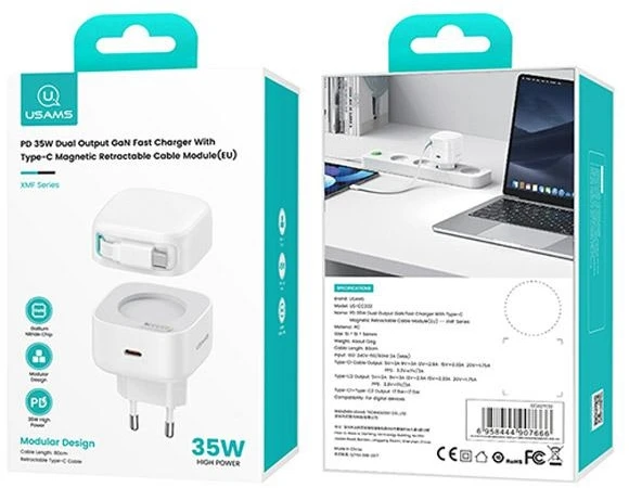 USAMS įkroviklis 1xUSB-C su ištraukiamu USB-C laidu (tik antgalis) PD+QC 35W Gan greitas įkrovimas baltos spalvos
