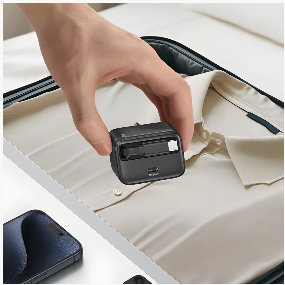 USAMS įkroviklis 1xUSB-C su ištraukiamu USB-C PD+QC 30W Gan greito įkrovimo juodos spalvos