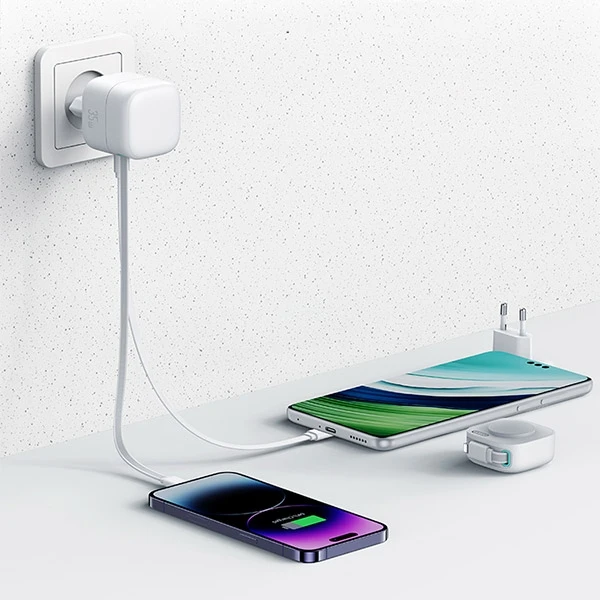 USAMS įkroviklis 1xUSB-C su ištraukiamu laidu „Lightning“ (tik antgalis) PD+QC 35W Gan greitas įkrovimas baltos spalvos