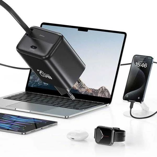 USAMS įkroviklis 1xUSB-C su ištraukiamu USB-C PD+QC 20W Gan greito įkrovimo baltos spalvos