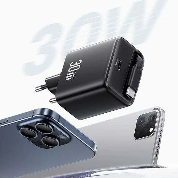 USAMS įkroviklis 1xUSB-C su ištraukiamu USB-C PD+QC 30W Gan greitas įkrovimas baltos spalvos