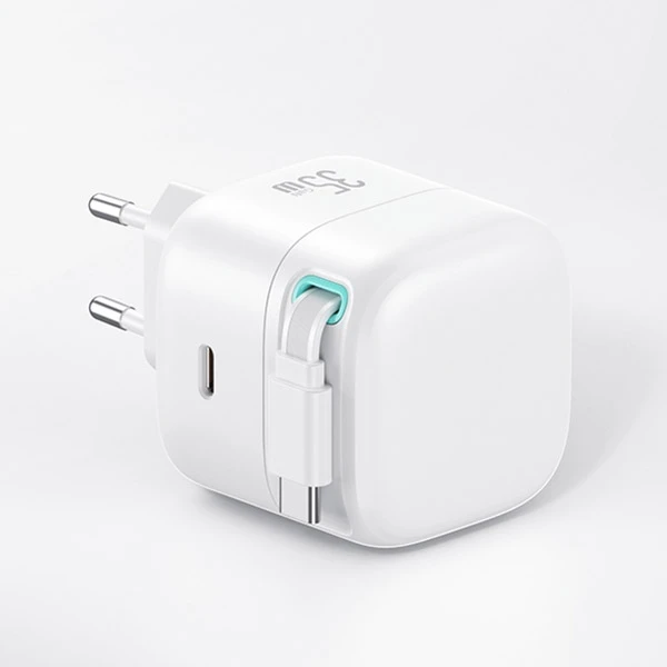 USAMS įkroviklis 1xUSB-C su ištraukiamu USB-C laidu (tik antgalis) PD+QC 35W Gan greitas įkrovimas baltos spalvos