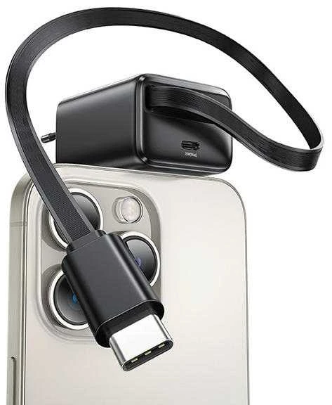 USAMS įkroviklis 1xUSB-C su ištraukiamu USB-C PD+QC 20W Gan greito įkrovimo baltos spalvos