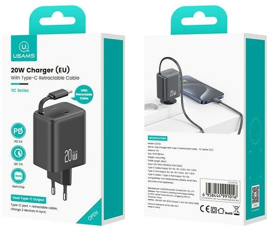 Usams SAMS įkroviklis 1xUSB-C su ištraukiamu USB-C PD+QC 20W Gan greito įkrovimo juodos spalvos