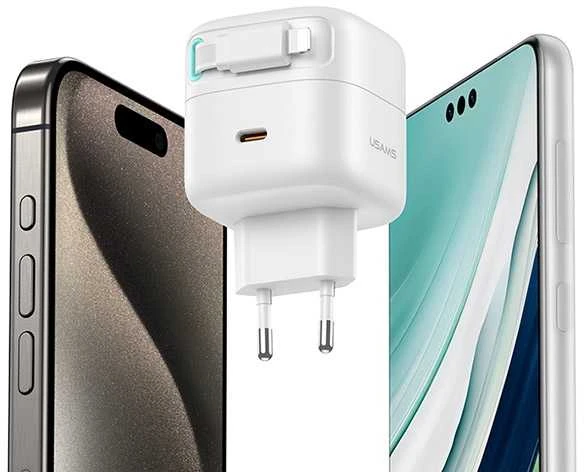 USAMS įkroviklis 1xUSB-C su ištraukiamu laidu „Lightning“ (tik antgalis) PD+QC 35W Gan greitas įkrovimas juodos spalvos