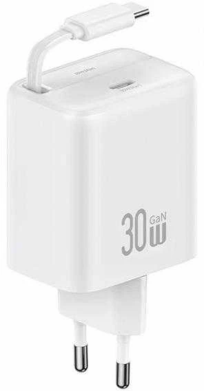 USAMS įkroviklis 1xUSB-C su ištraukiamu USB-C PD+QC 30W Gan greitas įkrovimas baltos spalvos