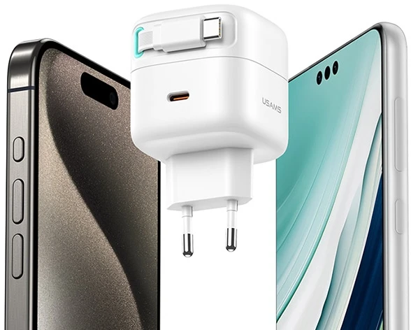 USAMS įkroviklis 1xUSB-C su ištraukiamu USB-C laidu (tik antgalis) PD+QC 35W Gan Fast Charging juodos spalvos
