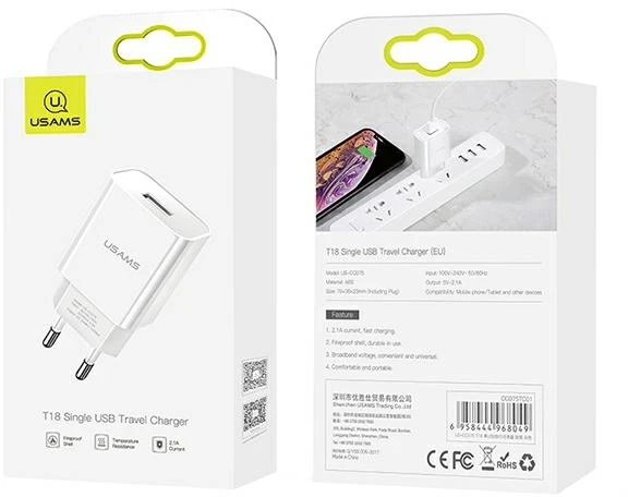 USAMS sieninis įkroviklis 1xUSB T18 2.1A (tik adapteris) baltas, greitasis įkrovimas CC075TC01