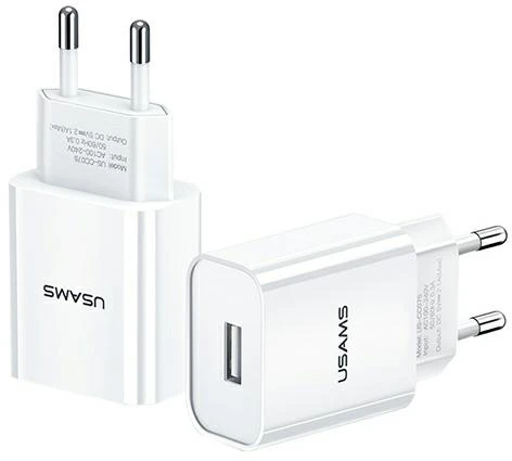 USAMS sieninis įkroviklis 1xUSB T18 2.1A (tik adapteris) baltas, greitasis įkrovimas CC075TC01