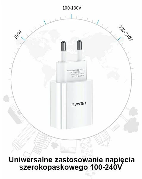 USAMS sieninis įkroviklis 1xUSB T18 2.1A (tik adapteris) baltas, greitasis įkrovimas CC075TC01