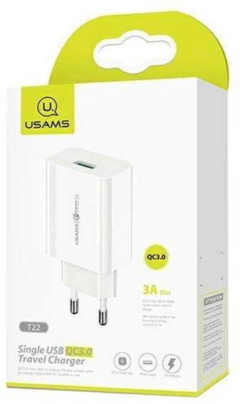 USAMS laidinis įkroviklis 1xUSB T22 18W 3A QC3.0 + USB-C cable 1m baltos spalvos (T48) T48OCLN01