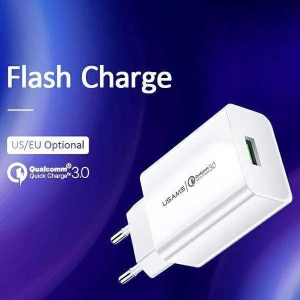 USAMS laidinis įkroviklis 1xUSB T22 18W 3A QC3.0 + USB-C cable 1m baltos spalvos (T48) T48OCLN01