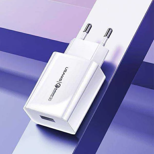 USAMS laidinis įkroviklis 1xUSB T22 18W 3A QC3.0 + USB-C cable 1m baltos spalvos (T48) T48OCLN01