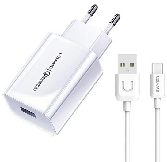 USAMS laidinis įkroviklis 1xUSB T22 18W 3A QC3.0 + USB-C cable 1m baltos spalvos (T48) T48OCLN01