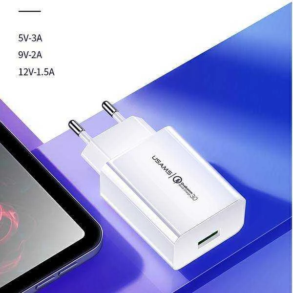 USAMS laidinis įkroviklis 1xUSB T22 18W 3A QC3.0 + USB-C cable 1m baltos spalvos (T48) T48OCLN01