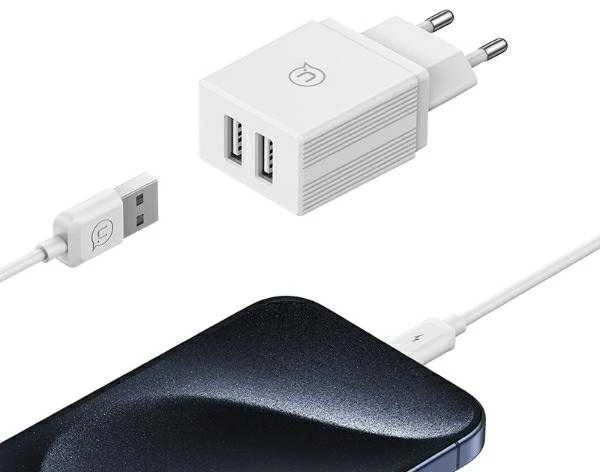 USAMS įkroviklis 2xUSB 18W + laidas „Lightning“/USB-A greito įkrovimo baltos spalvos serijos HC HCXLTZ01
