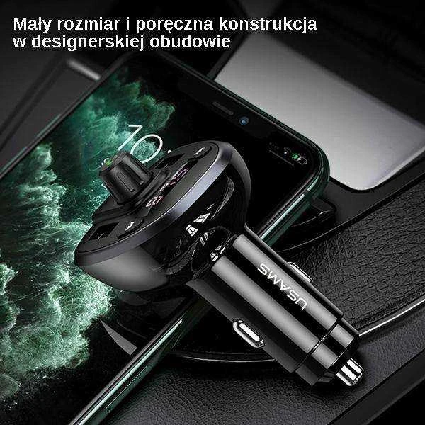 USAMS laisvų rankų įranga C21 su FM siųstuvu, Bluetooth 5.0, MP3, 2xUSB 3.4A juodos spalvos CC115GC
