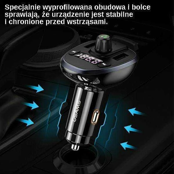 USAMS laisvų rankų įranga C21 su FM siųstuvu, Bluetooth 5.0, MP3, 2xUSB 3.4A juodos spalvos CC115GC