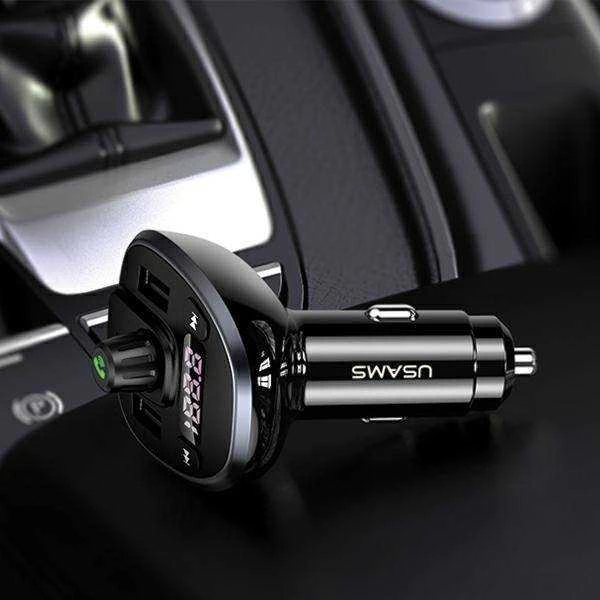 USAMS laisvų rankų įranga C21 su FM siųstuvu, Bluetooth 5.0, MP3, 2xUSB 3.4A juodos spalvos CC115GC