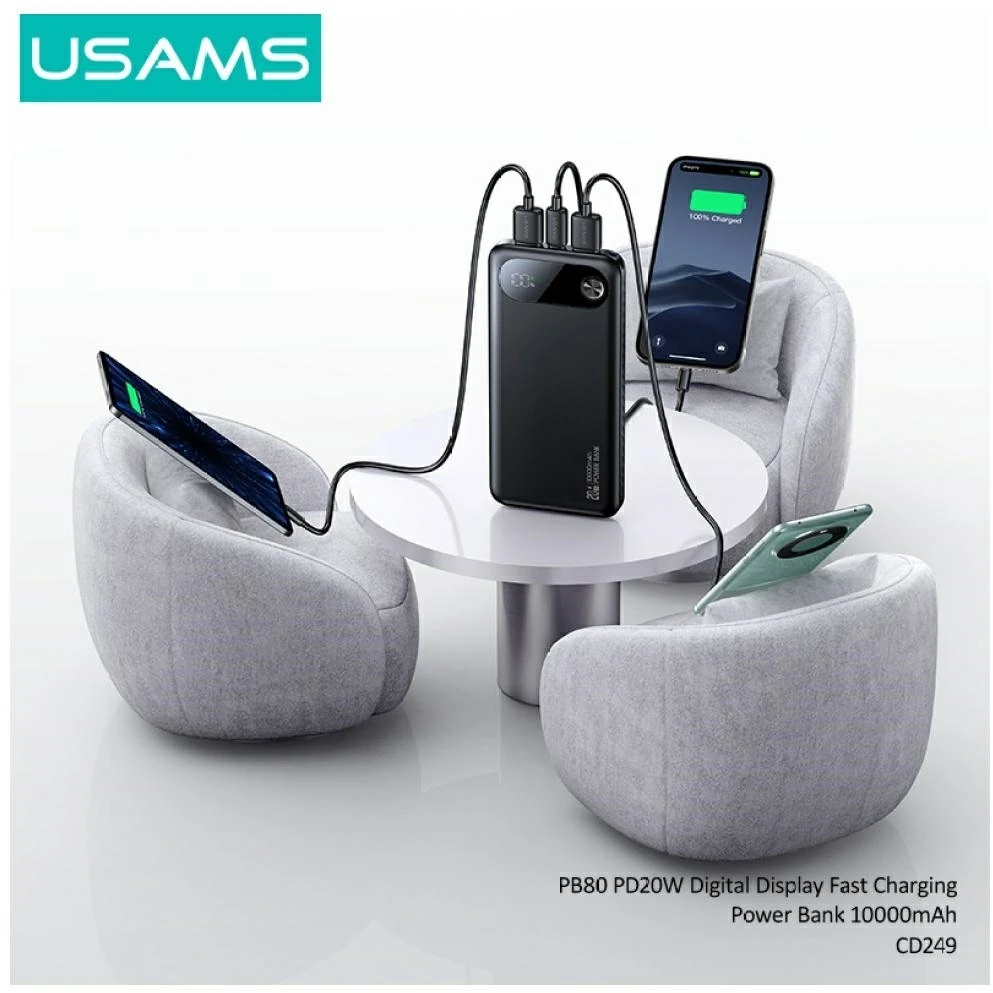 USAMS PB80 Power Bank PD20W 10000mAh baltas