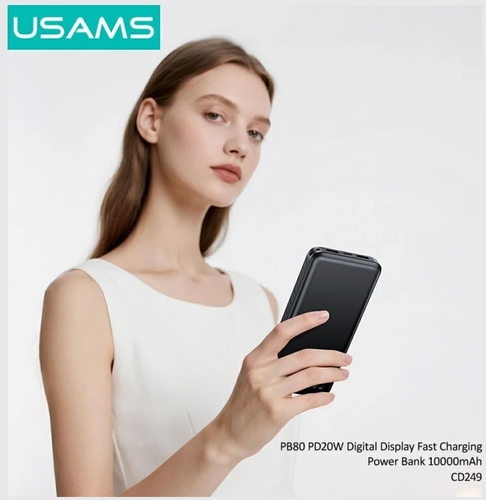 USAMS PB80 Power Bank PD20W 10000mAh baltas