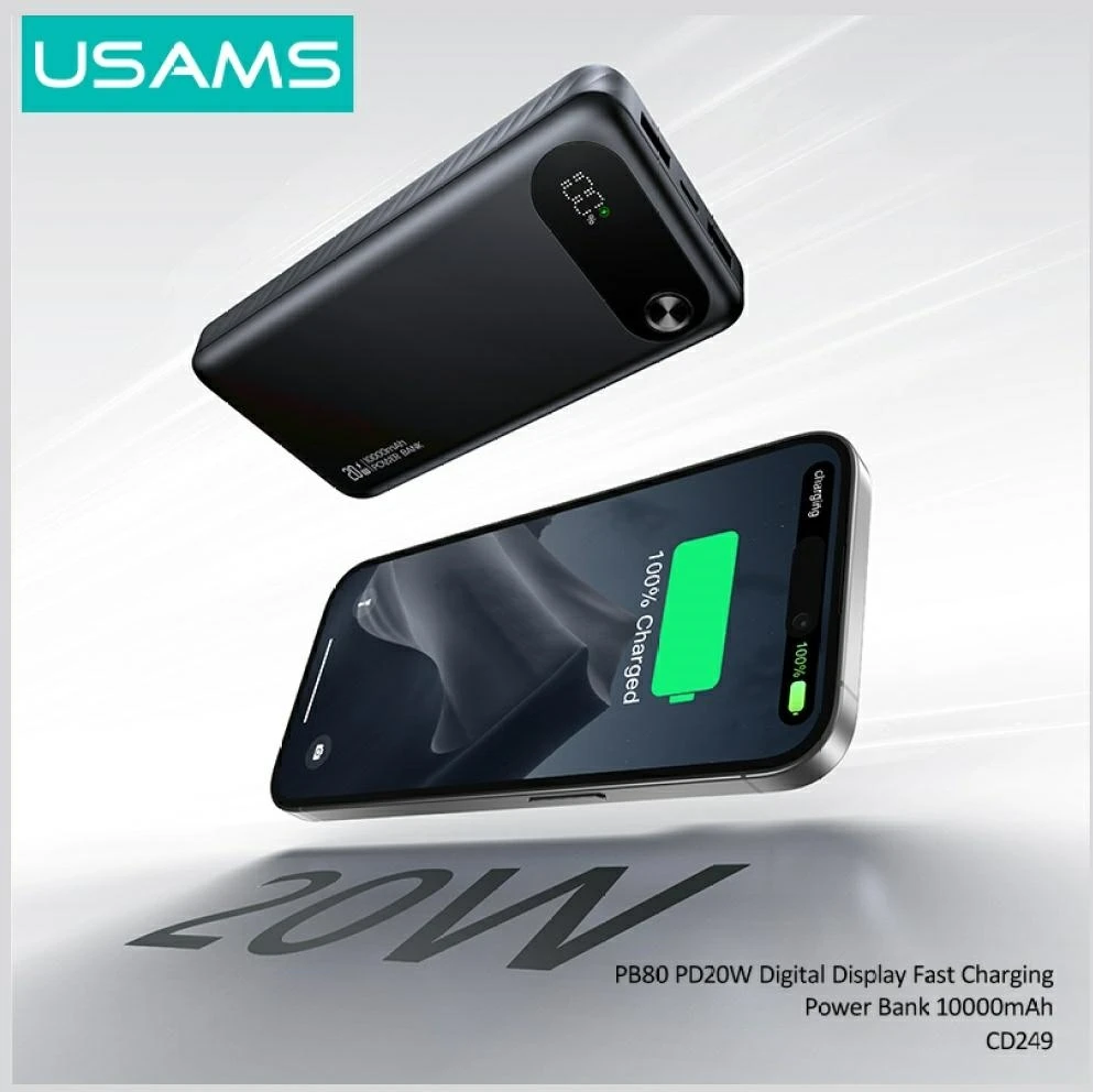 USAMS PB80 Power Bank PD20W 10000mAh baltas