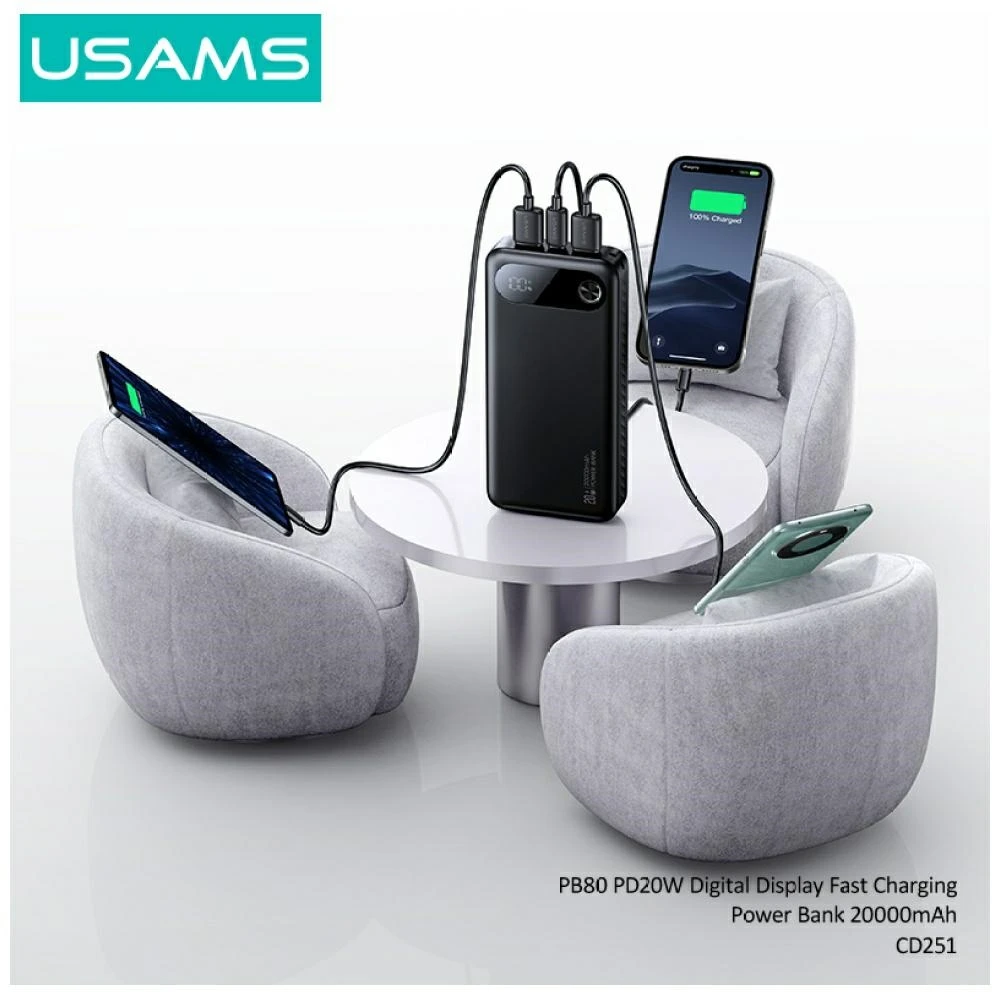 USAMS PB80 Power Bank PD20W 20000mAh baltas