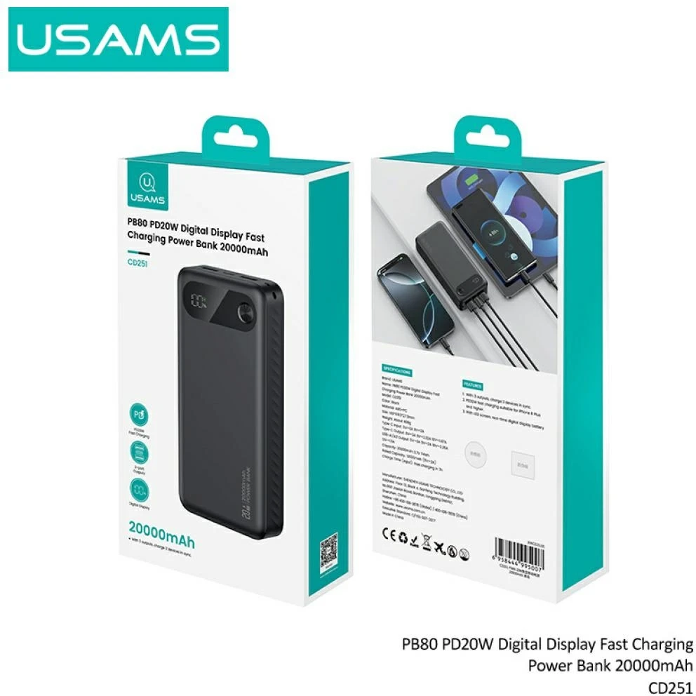 USAMS PB80 Power Bank PD20W 20000mAh juodas