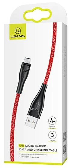 USAMS pintas kabelis U41 microUSB 3m 2A raudonas SJ399USB02 (US-SJ399) greito įkrovimo