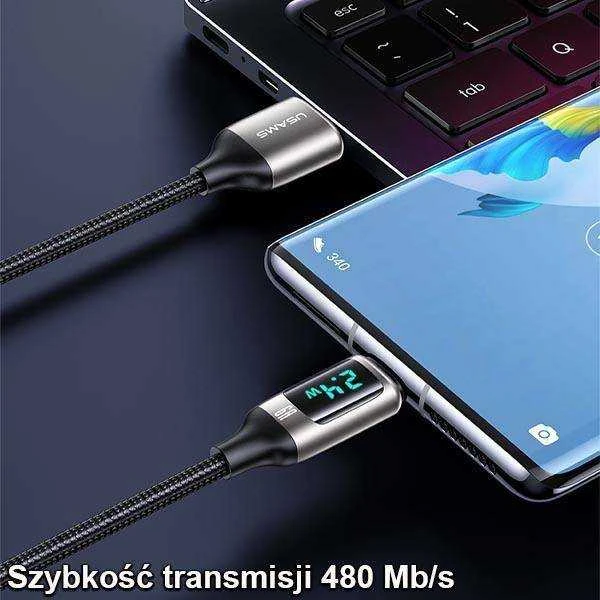 USAMS Braided Kabelis U78 USB-C 1.2m LED 6A Fast Charging juodos spalvos SJ544USB01 (US-SJ544)