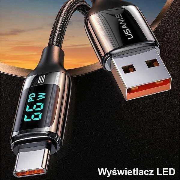 USAMS Braided Kabelis U78 USB-C 1.2m LED 6A Fast Charging juodos spalvos SJ544USB01 (US-SJ544)