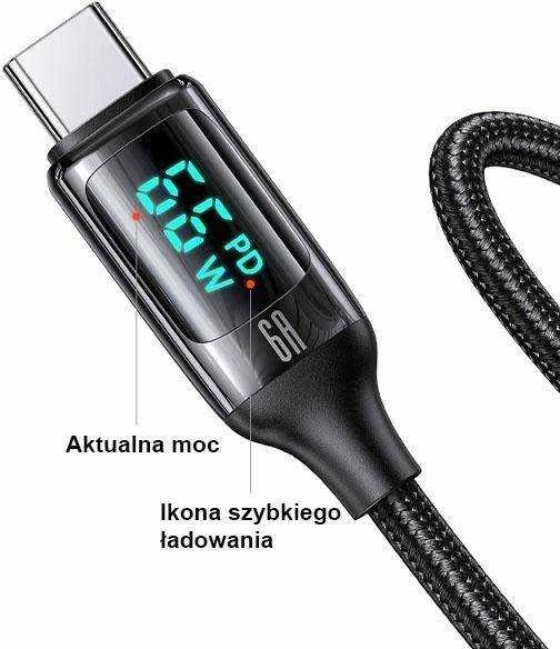 USAMS Braided Kabelis U78 USB-C 1.2m LED 6A Fast Charging juodos spalvos SJ544USB01 (US-SJ544)