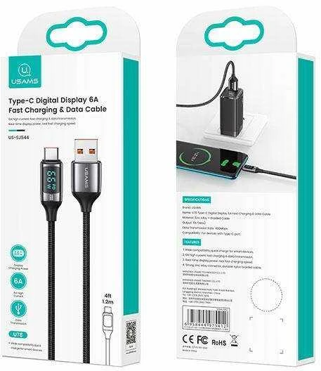 USAMS Braided Kabelis U78 USB-C 1.2m LED 6A Fast Charging juodos spalvos SJ544USB01 (US-SJ544)